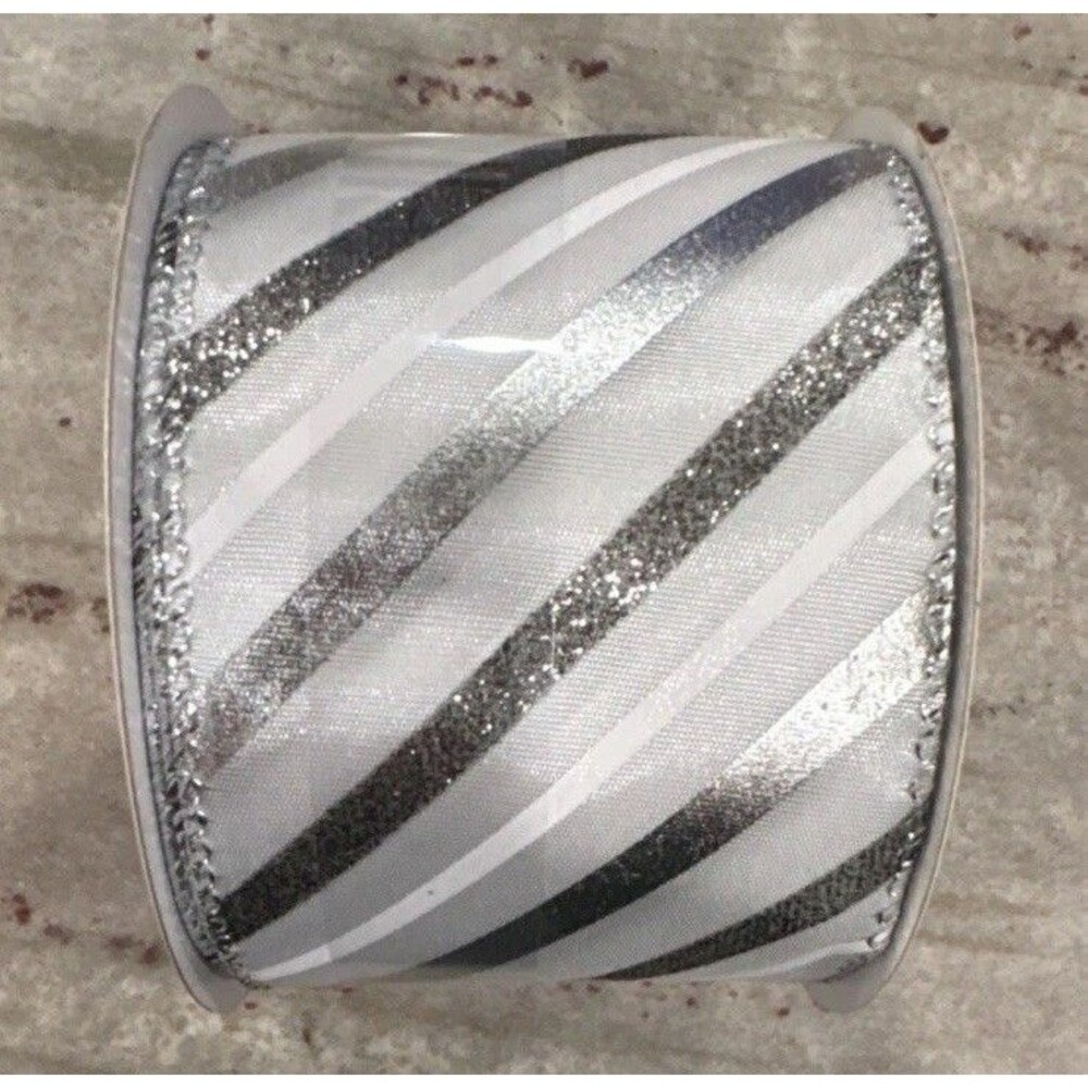 Wire-Edged Ribbon Silver/White Striped Glitter 2.5 in x 20 ft Polyester